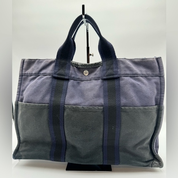 Hermes-Authentic- 2 Tone Large Canvas Tote Blue / Gray / Black - Picture 1 of 16